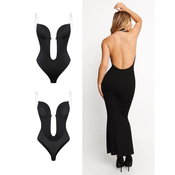 Backless Deep U Plunge Thong Bodysuit Built-in Invisible Bra Sculpting Shapewear - Picture 4 of 9